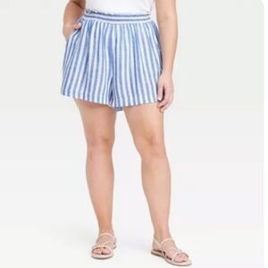 Ava & Viv Printed High-Rise Linen Pull-on Shorts in Blue and White Size X